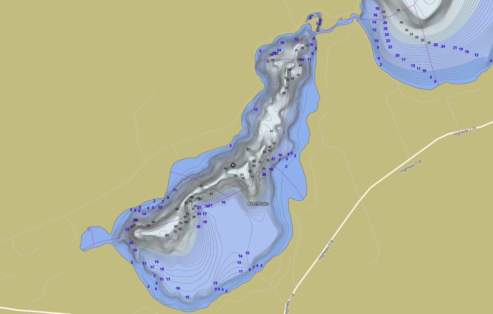 Contour Map of Beach Lake in Municipality of Algonquin Highlands and the District of Haliburton